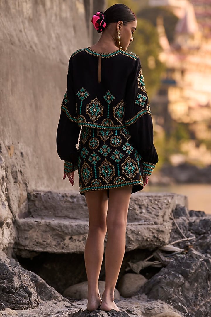 Black Crepe Embroidered Mini Skirt Set by SurilyG at Pernia's Pop Up Shop