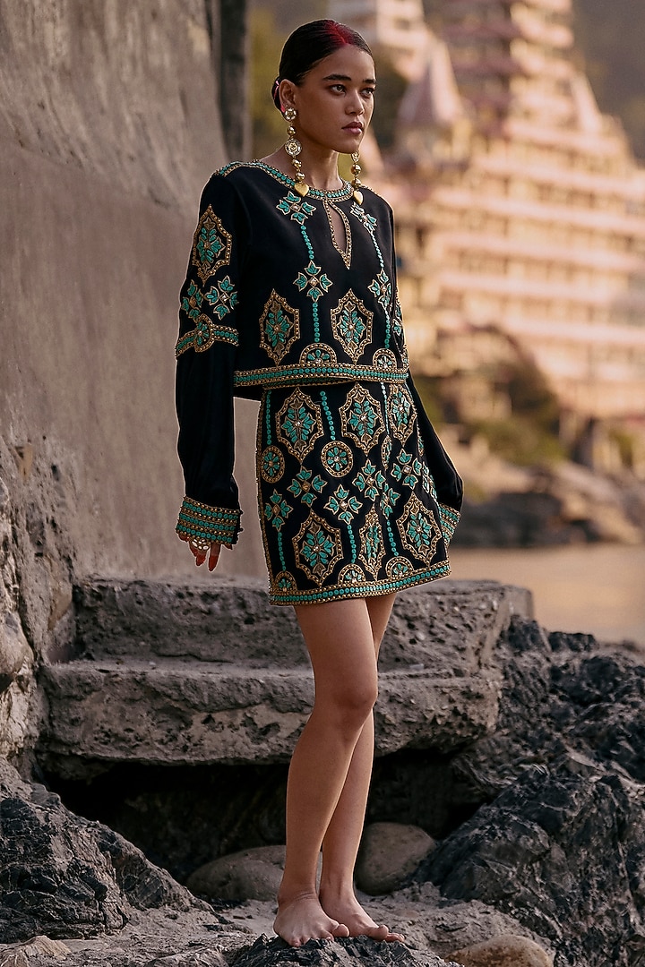 Black Crepe Embroidered Mini Skirt Set by SurilyG at Pernia's Pop Up Shop