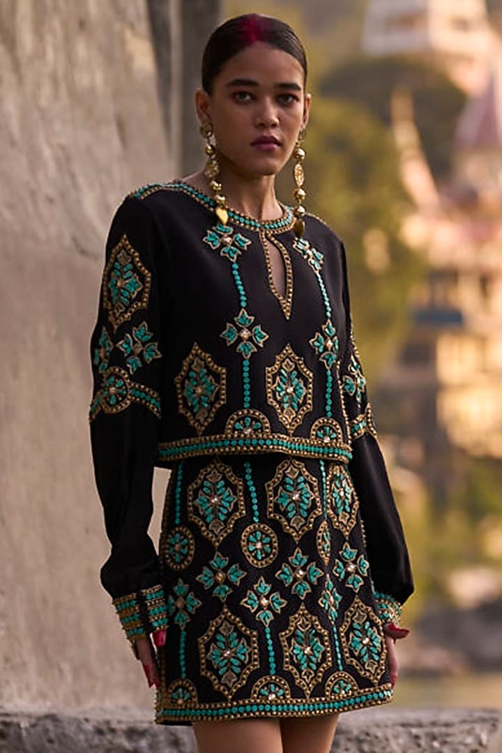 Black Crepe Embroidered Mini Skirt Set by SurilyG at Pernia's Pop Up Shop