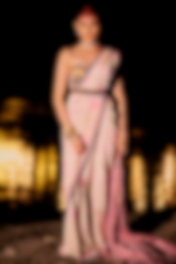 Pink Pure Crepe Tie-Dye Fringed Pre-Stitched Reception Saree Set by SurilyG at Pernia's Pop Up Shop