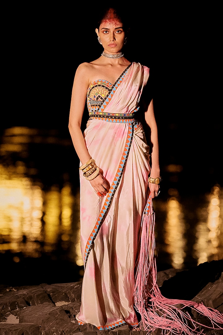 Pink Pure Crepe Tie-Dye Fringed Pre-Stitched Reception Saree Set by SurilyG at Pernia's Pop Up Shop