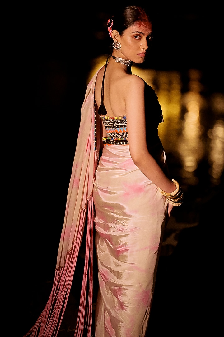Pink Pure Crepe Tie-Dye Fringed Pre-Stitched Reception Saree Set by SurilyG at Pernia's Pop Up Shop