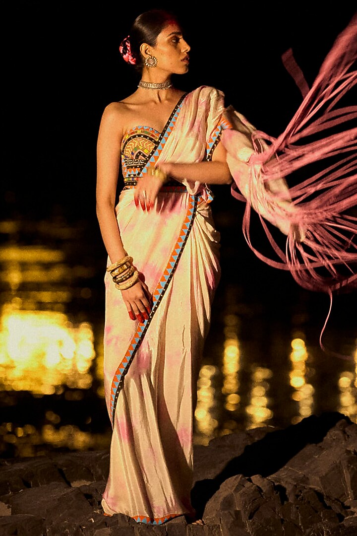 Pink Pure Crepe Tie-Dye Fringed Pre-Stitched Reception Saree Set by SurilyG at Pernia's Pop Up Shop