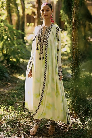 Green Pure Crepe Tie-Dye Kurta Set by SurilyG