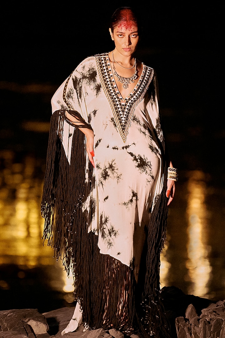 Black & White Pure Crepe Fringed Kaftan by SurilyG at Pernia's Pop Up Shop