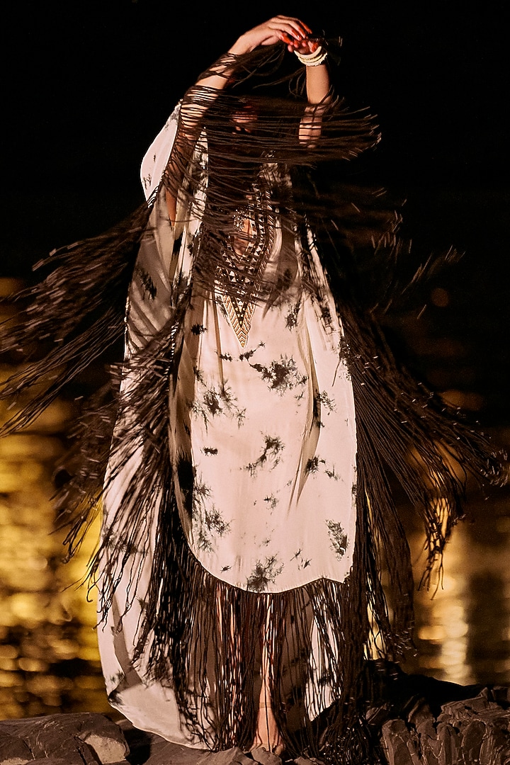 Black & White Pure Crepe Fringed Kaftan by SurilyG at Pernia's Pop Up Shop