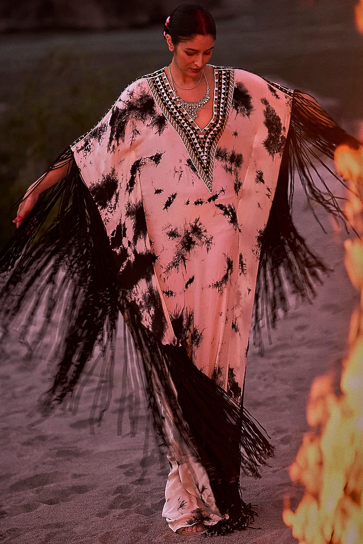 Black & White Pure Crepe Fringed Kaftan by SurilyG at Pernia's Pop Up Shop