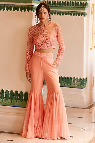Peach Georgette Godet Sharara Set by SurilyG