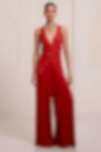 Red Georgette & Net Embellished Jumpsuit by SurilyG at Pernia's Pop Up Shop