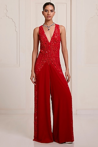 Red Georgette & Net Embellished Jumpsuit by SurilyG
