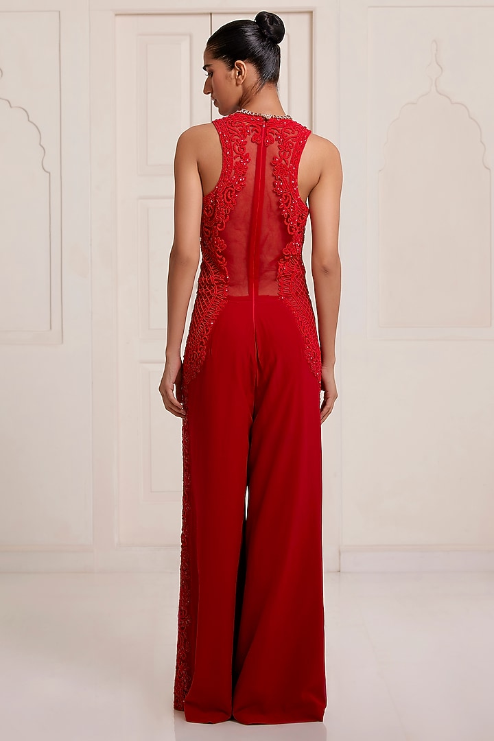 Red Georgette & Net Embellished Jumpsuit by SurilyG at Pernia's Pop Up Shop
