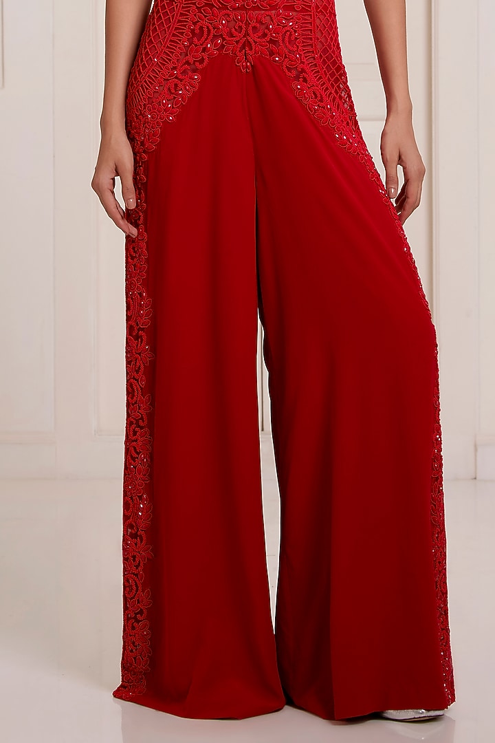 Red Georgette & Net Embellished Jumpsuit by SurilyG at Pernia's Pop Up Shop