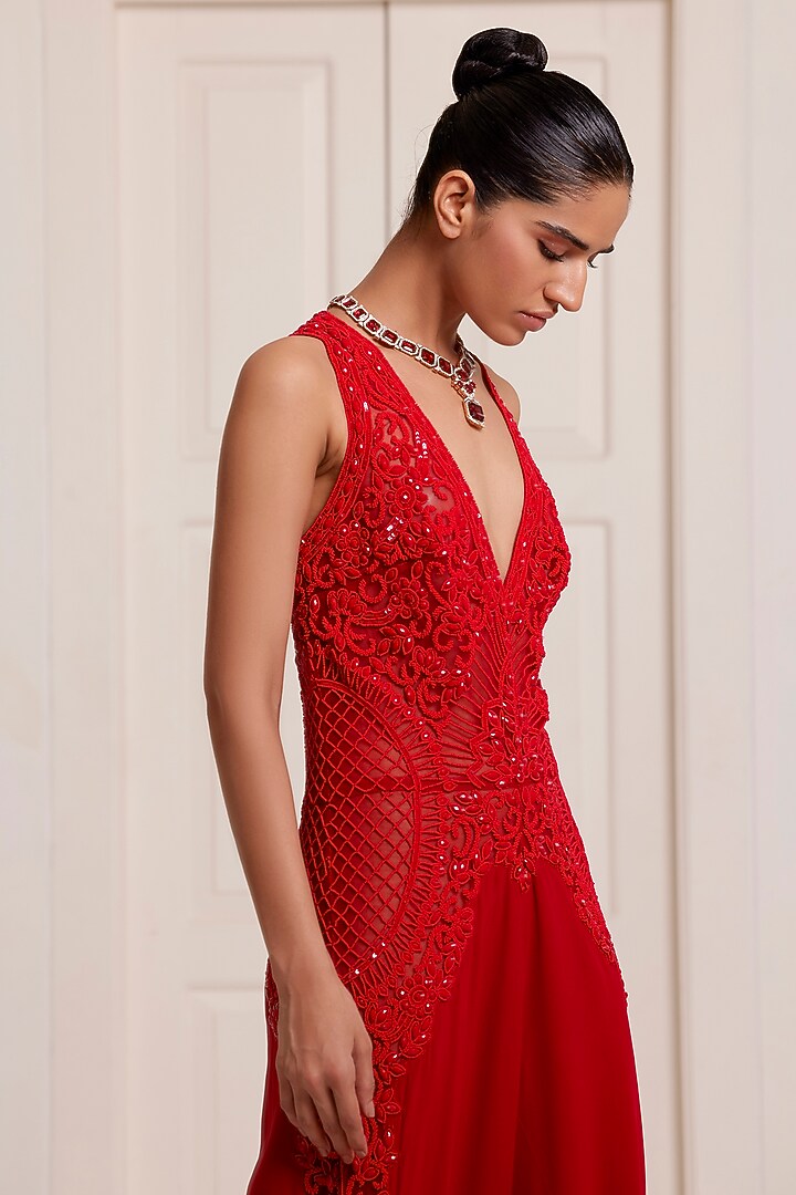 Red Georgette & Net Embellished Jumpsuit by SurilyG at Pernia's Pop Up Shop
