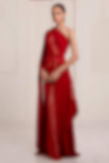 Red Georgette & Net One Shoulder Party Wear Dress by SurilyG at Pernia's Pop Up Shop