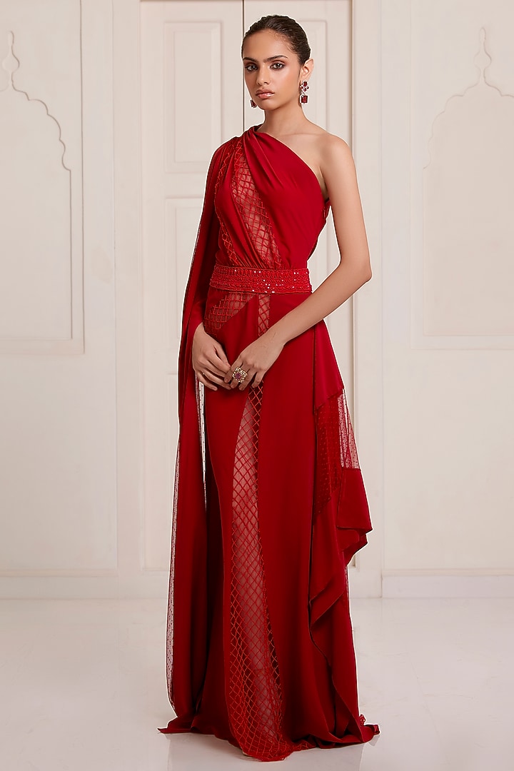 Red Georgette & Net One Shoulder Party Wear Dress by SurilyG at Pernia's Pop Up Shop