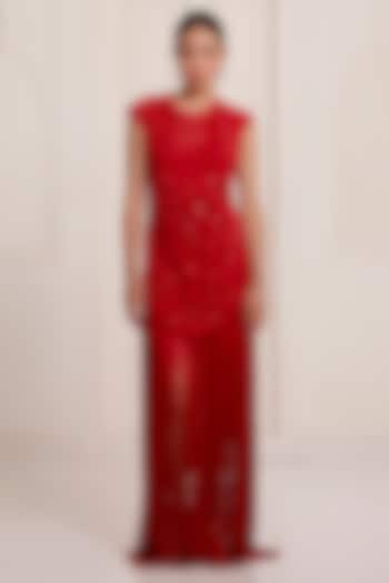 Red Georgette & Net Embellished Party Wear Dress by SurilyG at Pernia's Pop Up Shop