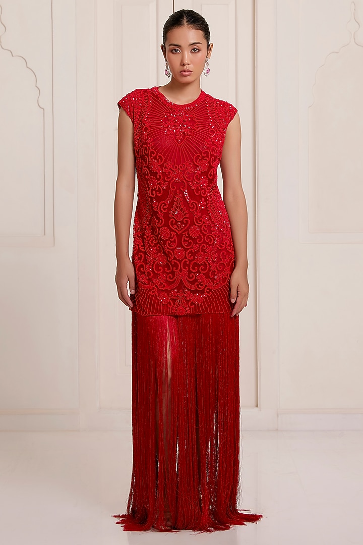 Red Georgette & Net Embellished Party Wear Dress by SurilyG at Pernia's Pop Up Shop