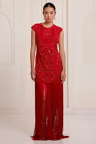 Red Georgette & Net Embellished Dress by SurilyG