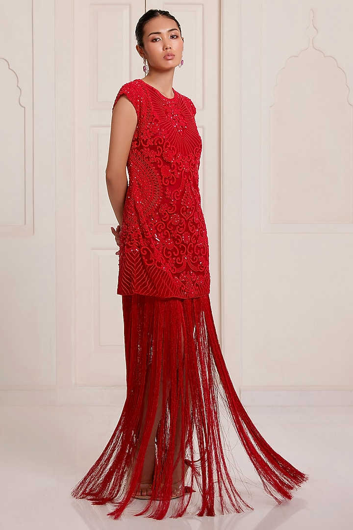 Red Georgette & Net Embellished Party Wear Dress by SurilyG at Pernia's Pop Up Shop