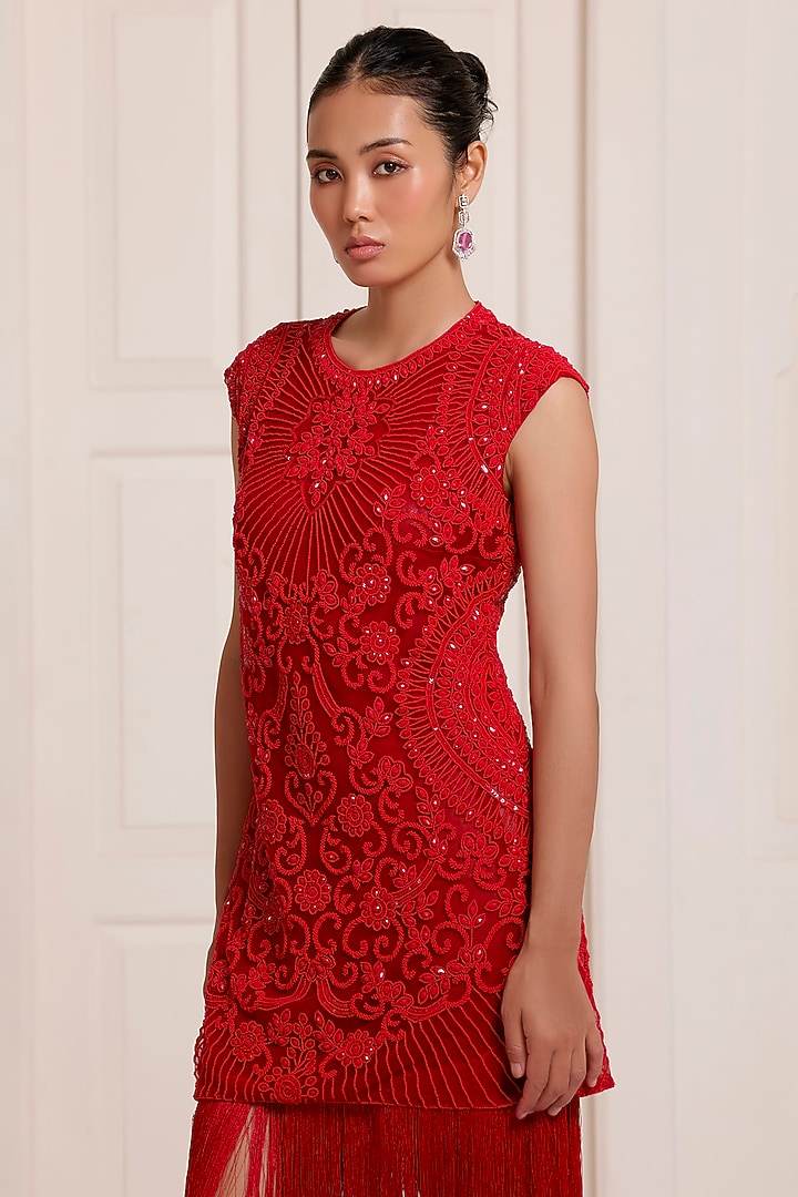 Red Georgette & Net Embellished Party Wear Dress by SurilyG at Pernia's Pop Up Shop