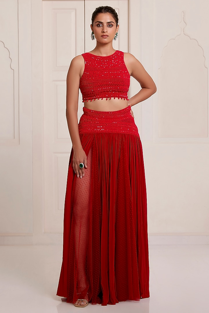 Red Georgette & Net Embellished Skirt Set by SurilyG at Pernia's Pop Up Shop