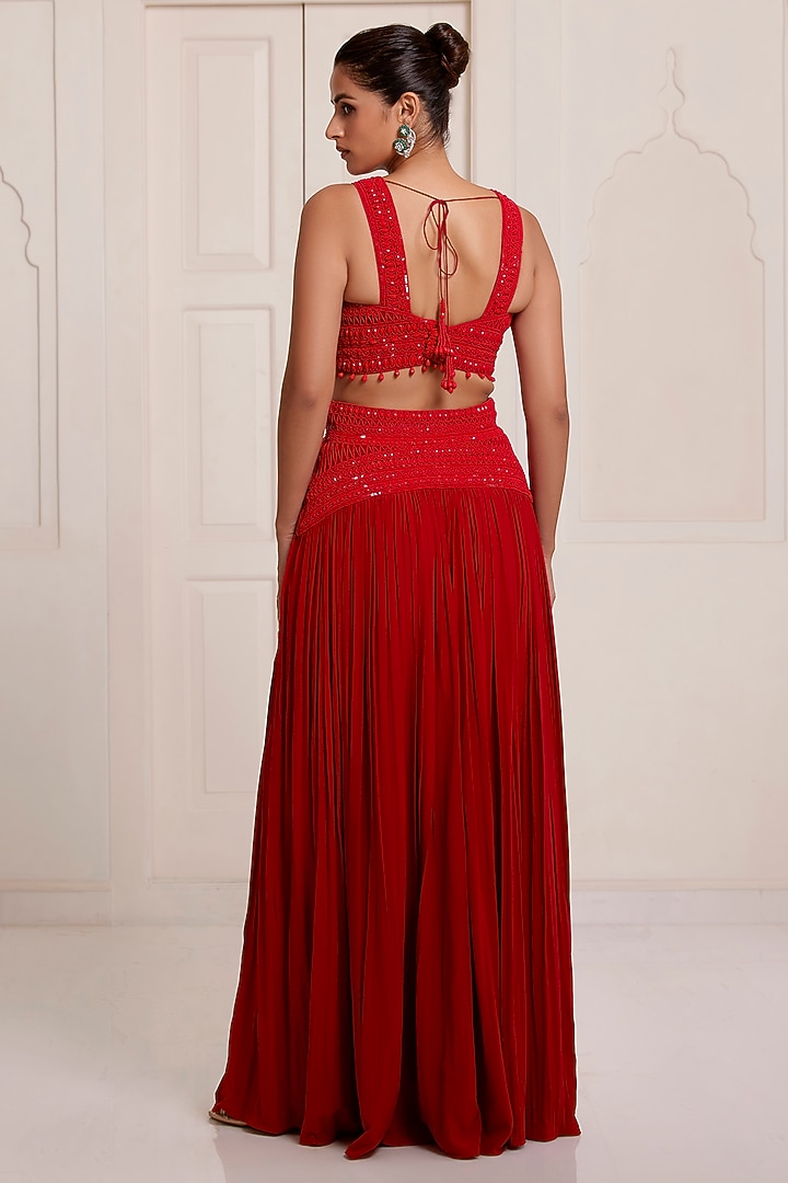 Red Georgette & Net Embellished Skirt Set by SurilyG at Pernia's Pop Up Shop
