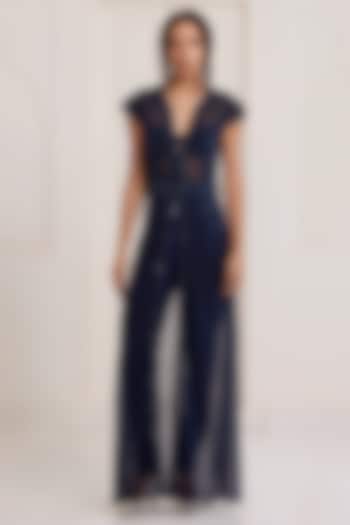 Blue Net Embellished Kurta Set by SurilyG at Pernia's Pop Up Shop