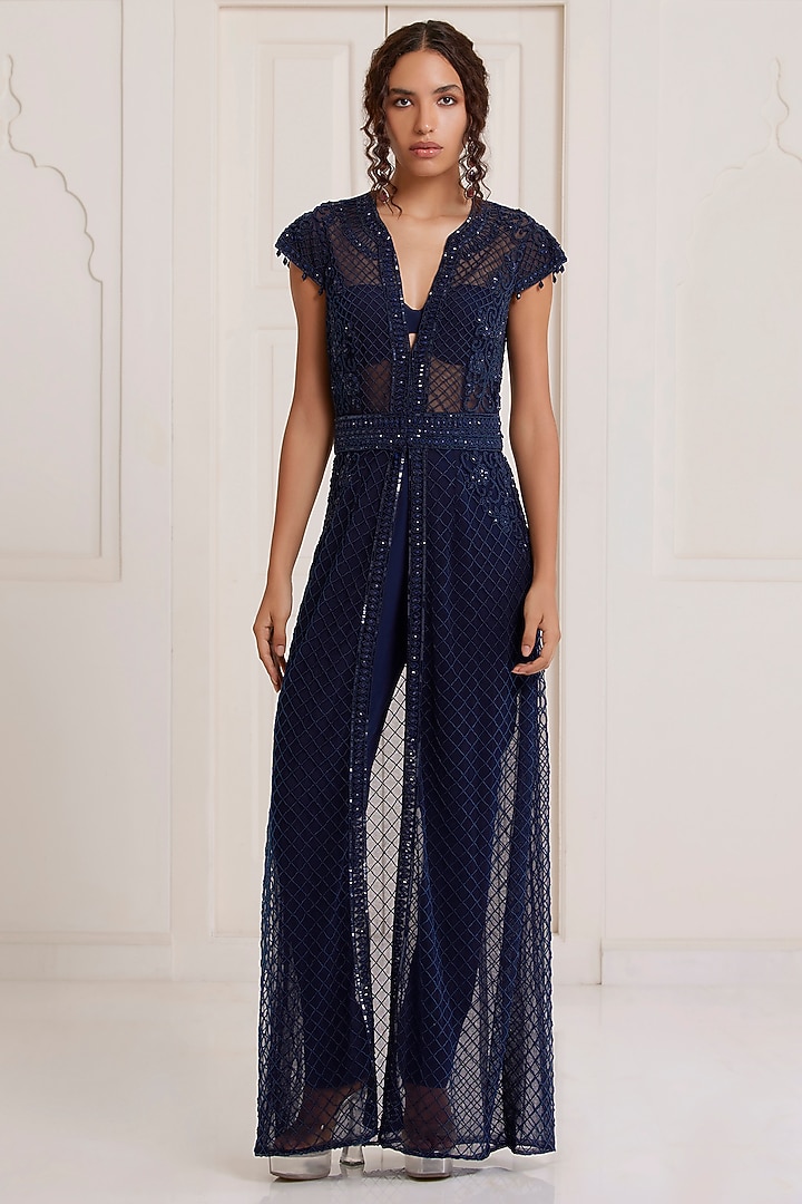 Blue Net Embellished Kurta Set by SurilyG at Pernia's Pop Up Shop