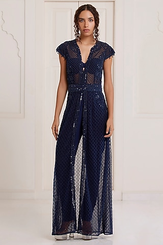 Blue Net Embellished Kurta Set by SurilyG