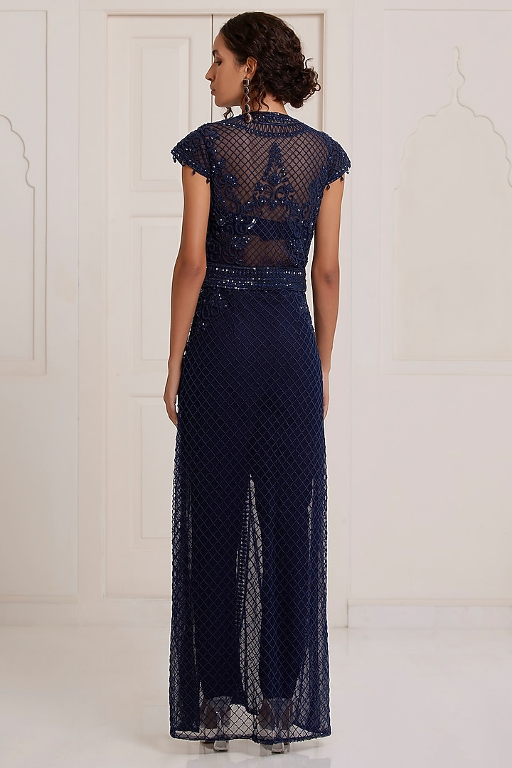 Blue Net Embellished Kurta Set by SurilyG at Pernia's Pop Up Shop