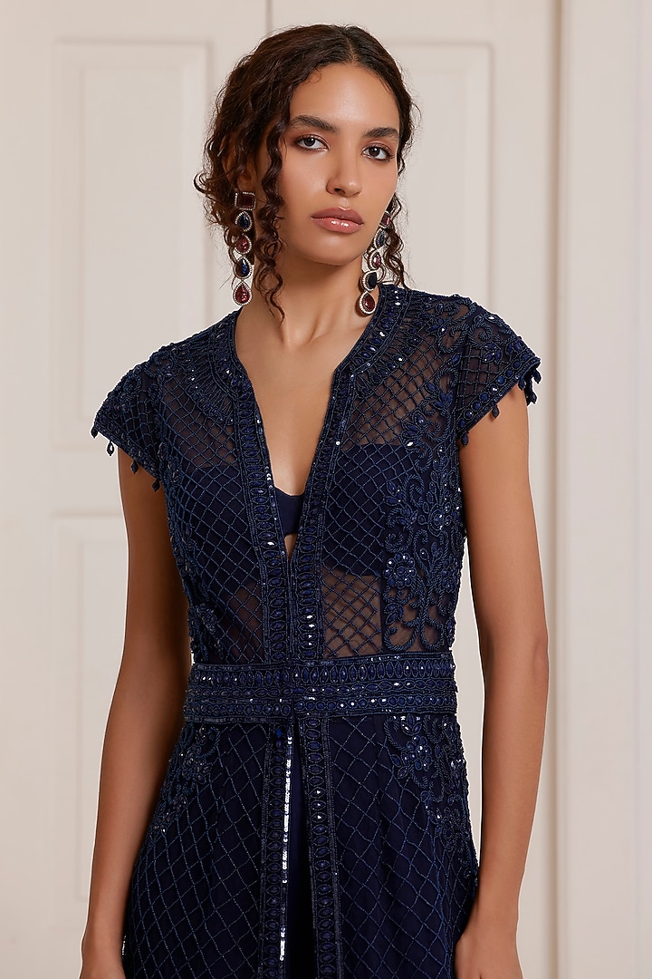 Blue Net Embellished Kurta Set by SurilyG at Pernia's Pop Up Shop