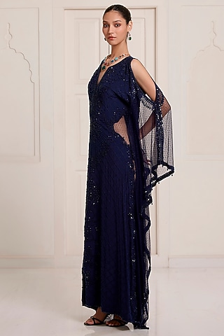 Blue Crepe & Net Embellished Kaftan by SurilyG