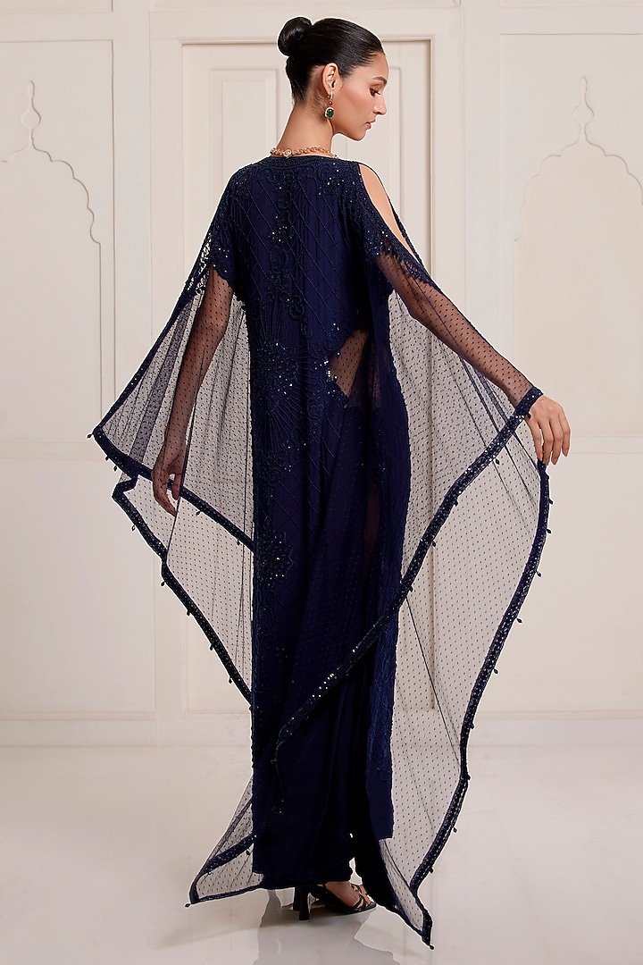 Blue Crepe & Net Embellished Kaftan by SurilyG at Pernia's Pop Up Shop