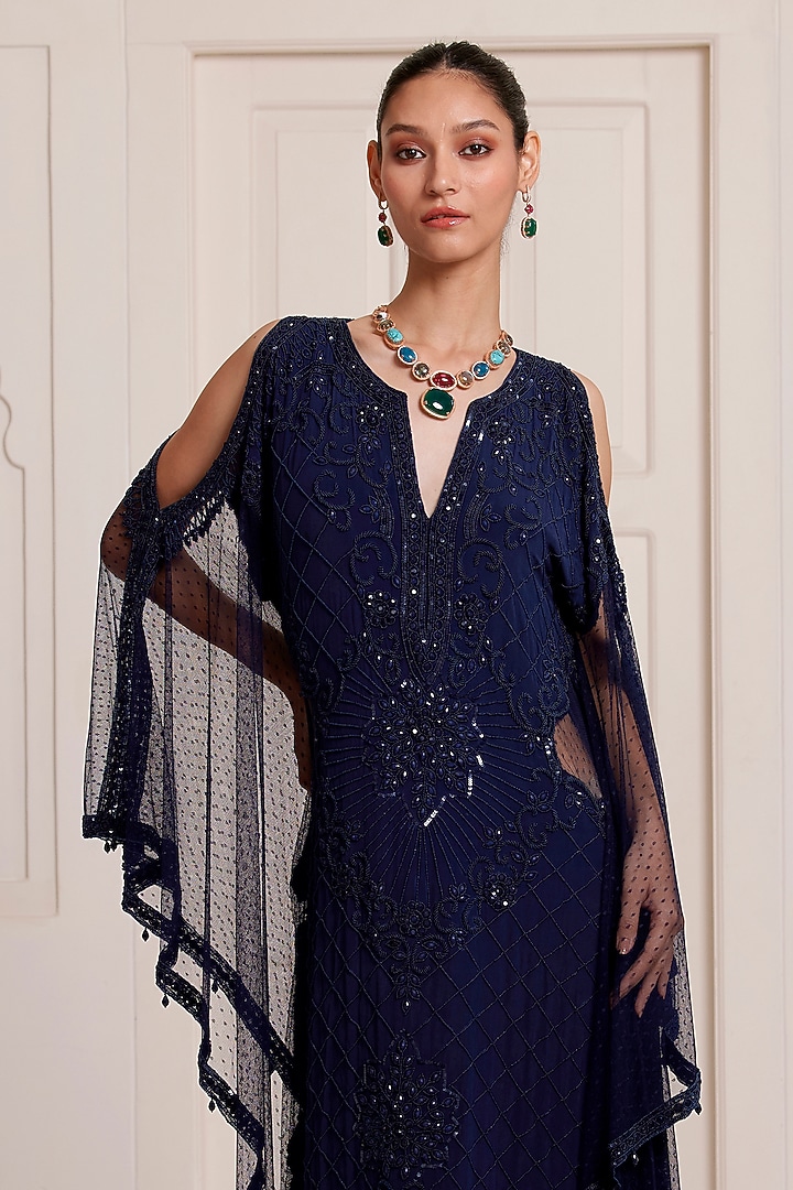 Blue Crepe & Net Embellished Kaftan by SurilyG at Pernia's Pop Up Shop