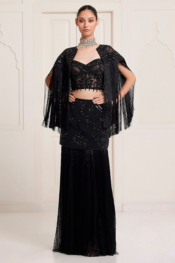 Black Crepe & Net Skirt Set by SurilyG at Pernia's Pop Up Shop