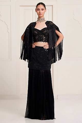 Black Crepe & Net Skirt Set by SurilyG