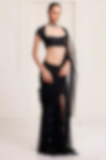 Black Crepe & Net Embellished Pre-Stitched Bridal Saree Set by SurilyG at Pernia's Pop Up Shop