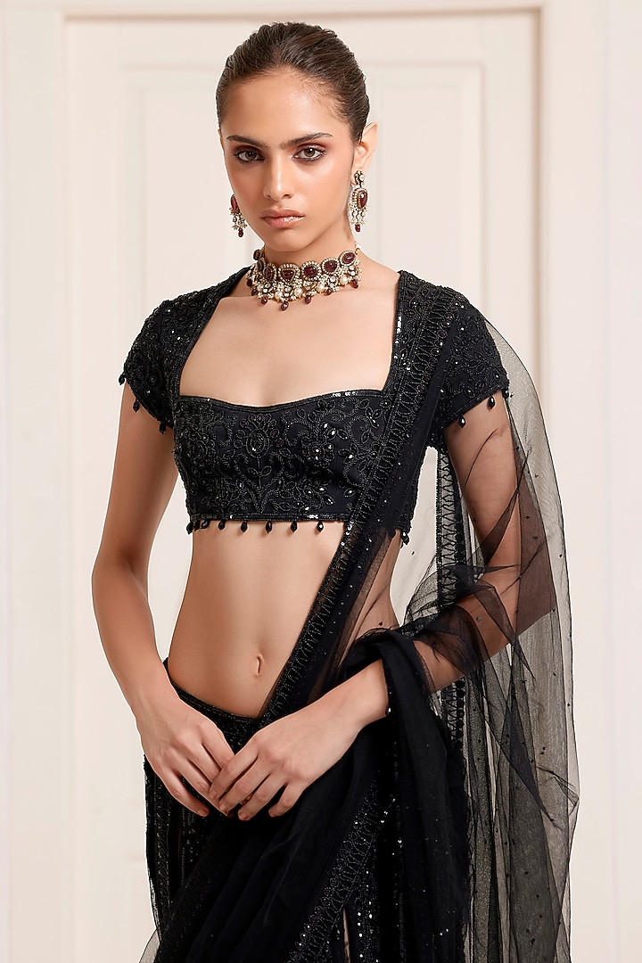 Black Crepe & Net Embellished Pre-Stitched Bridal Saree Set by SurilyG at Pernia's Pop Up Shop