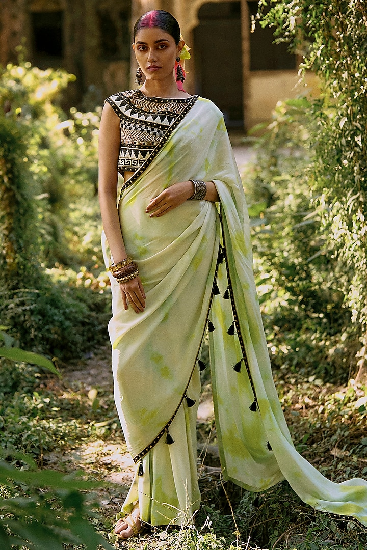 Green & White Pure Crepe Wedding Saree by SurilyG at Pernia's Pop Up Shop