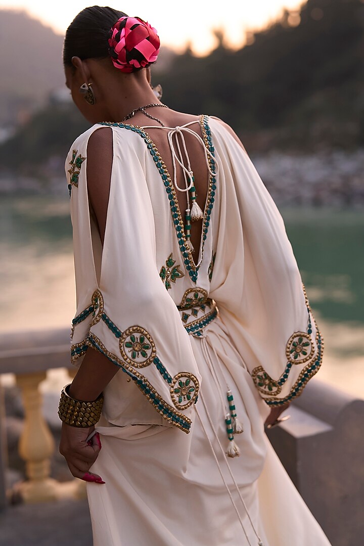 Ivory & Green Crepe Embroidered Kaftan by SurilyG at Pernia's Pop Up Shop