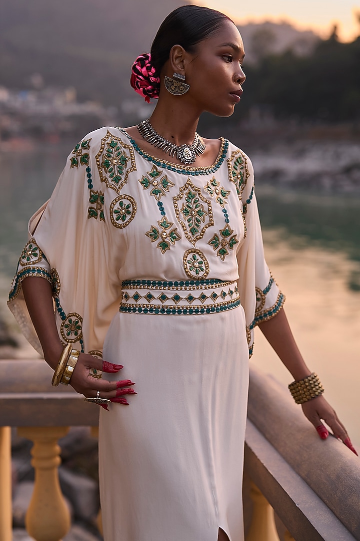 Ivory & Green Crepe Embroidered Kaftan by SurilyG at Pernia's Pop Up Shop