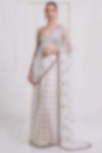 Ivory Chanderi & Net Boota Embroidered Pre-Stitched Reception Saree Set by SurilyG at Pernia's Pop Up Shop