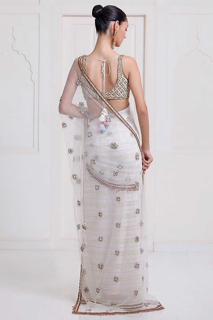 Ivory Chanderi & Net Boota Embroidered Pre-Stitched Reception Saree Set by SurilyG at Pernia's Pop Up Shop