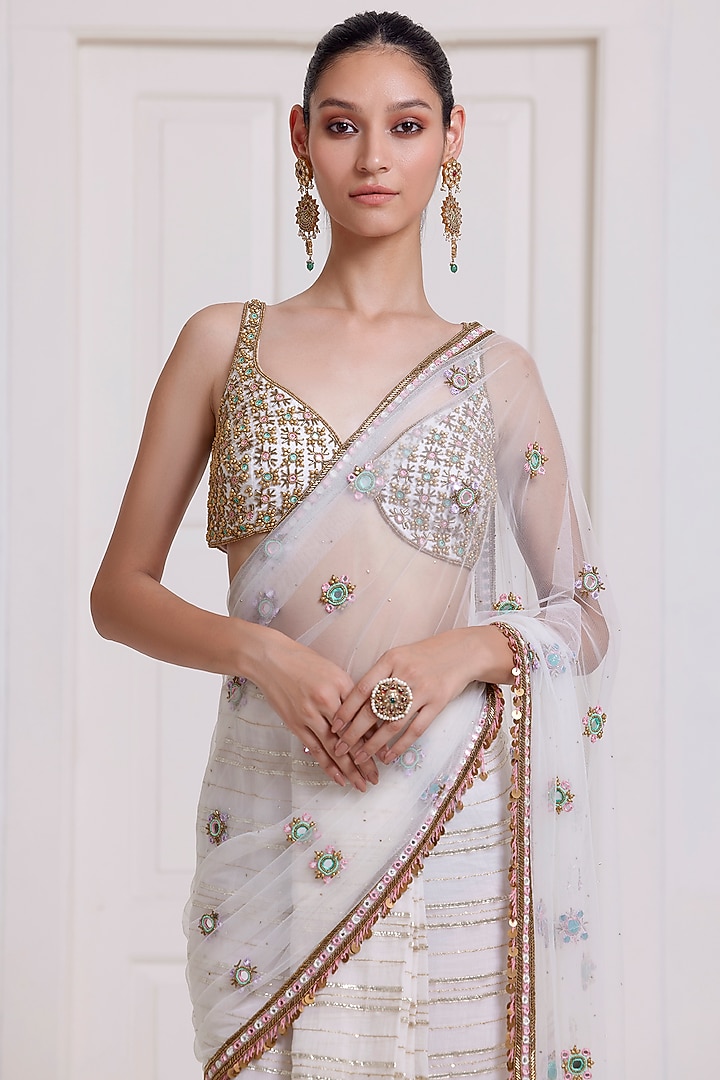 Ivory Chanderi & Net Boota Embroidered Pre-Stitched Reception Saree Set by SurilyG at Pernia's Pop Up Shop