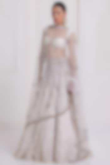 Ivory Chanderi & Net Embroidered Bridal Lehenga Set by SurilyG at Pernia's Pop Up Shop