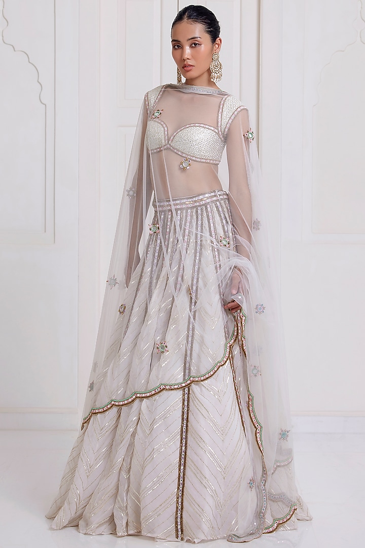 Ivory Chanderi & Net Embroidered Bridal Lehenga Set by SurilyG at Pernia's Pop Up Shop