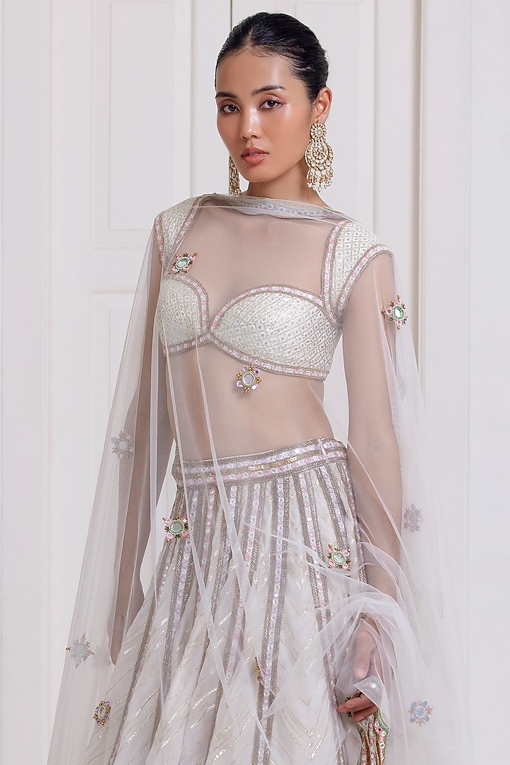 Ivory Chanderi & Net Embroidered Bridal Lehenga Set by SurilyG at Pernia's Pop Up Shop