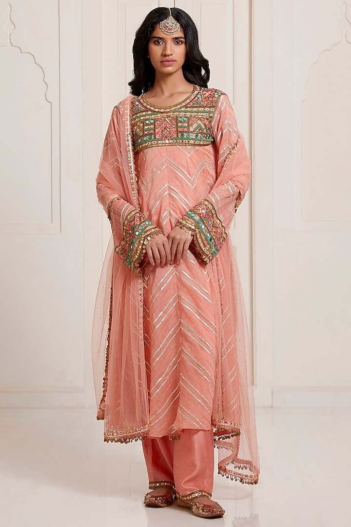 Peach Chanderi & Net Embroidered Kurta Set by SurilyG at Pernia's Pop Up Shop