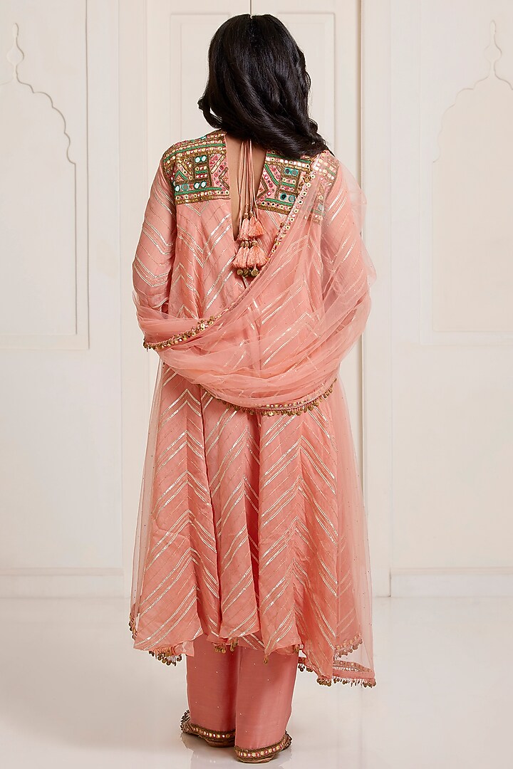Peach Chanderi & Net Embroidered Kurta Set by SurilyG at Pernia's Pop Up Shop