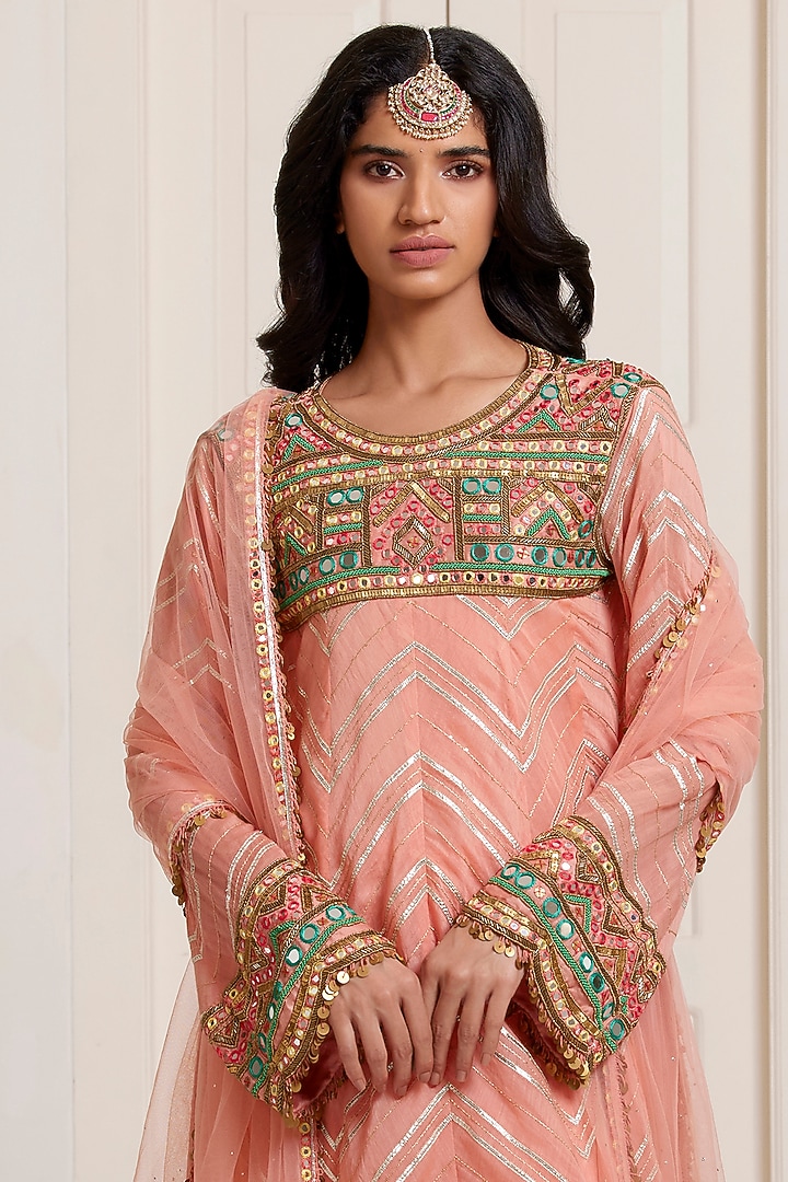 Peach Chanderi & Net Embroidered Kurta Set by SurilyG at Pernia's Pop Up Shop